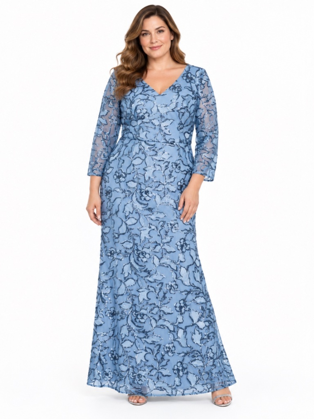 Adrianna Papell - Floral Sequin Long-Sleeve Mermaid Gown